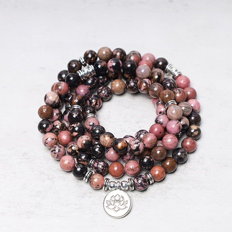 108 Mala Beads Rhodonite Lotus Compassion Energy Bracelet