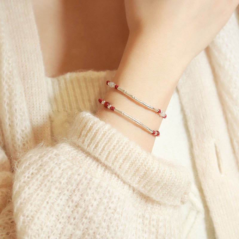 925 Sterling Silver Bamboo White Agate Red Agate Bead Protection String Braided Bracelet