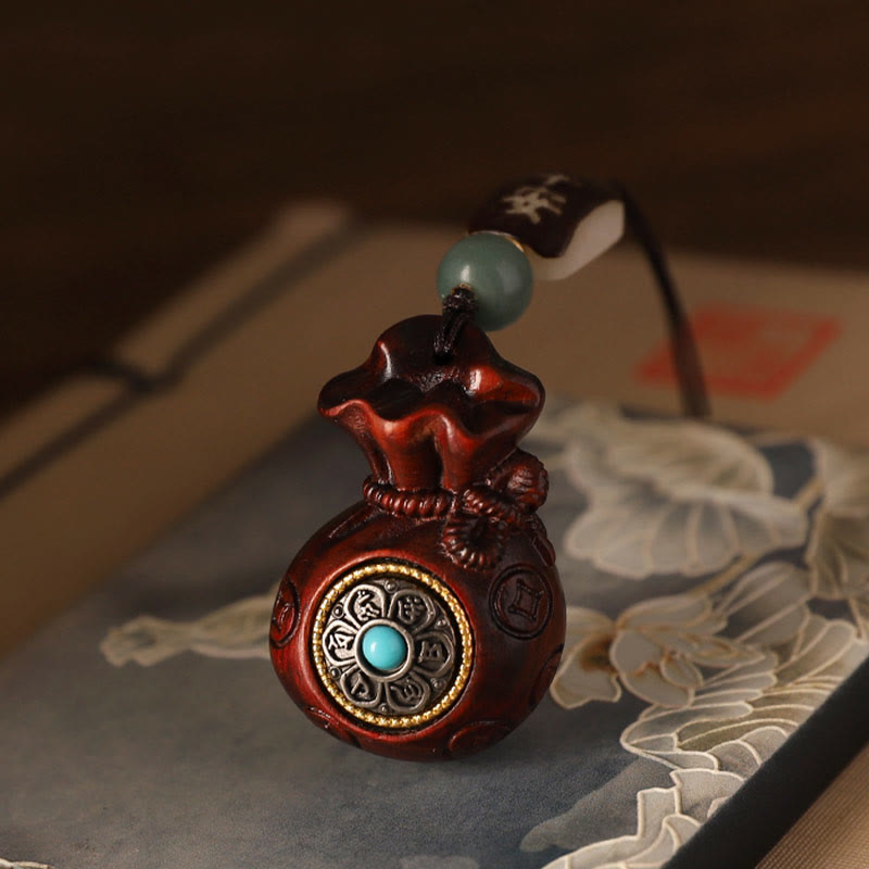 Small Leaf Red Sandalwood Green Sandalwood Money Bag Om Mani Padme Hum Rotatable Protection Keychain Phone Hanging Decoration