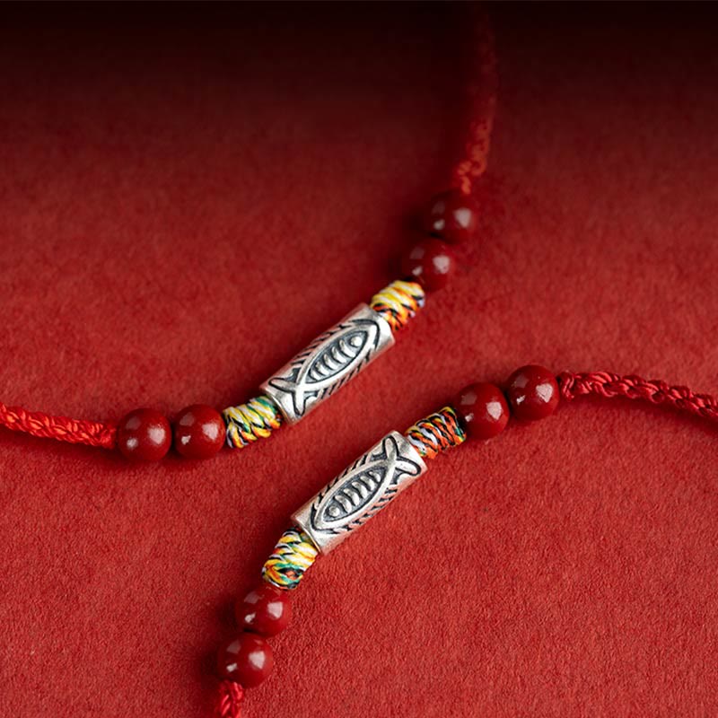 925 Sterling Silver Koi Fish Cinnabar Bead Wealth Handcrafted Braided Bracelet Anklet