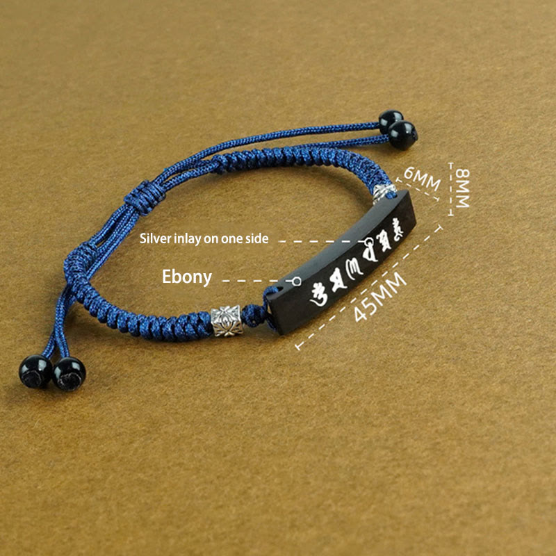 Buddhism Six True Words Wood Ebony Wood Silver Inlaid Protection Bracelet