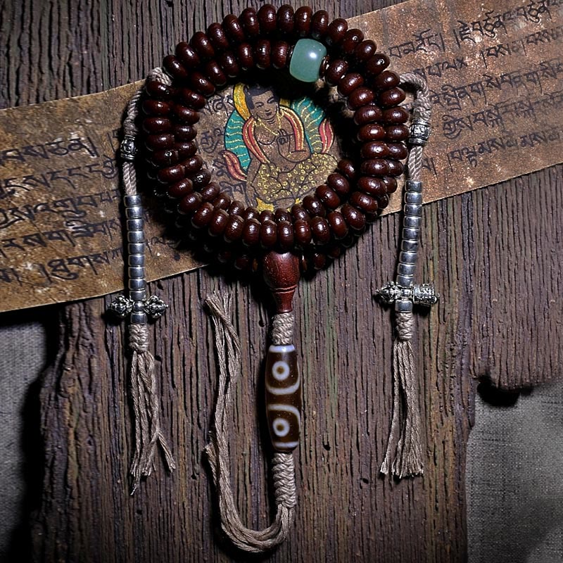 Natural Tibet 108 Mala Beads Purple Bodhi Seed Three-eyed Dzi Bead Copper Dorje Harmony Bracelet