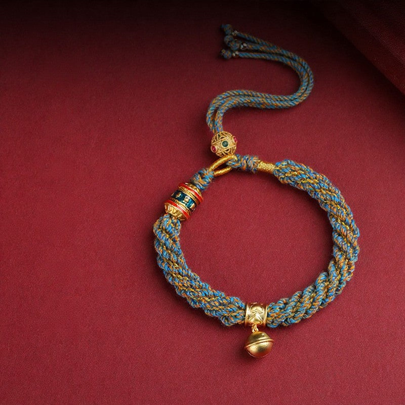 Hand-Woven Tibetan Om Mani Padme Hum Wisdom Bell Charm Multicolor Rope Bracelet