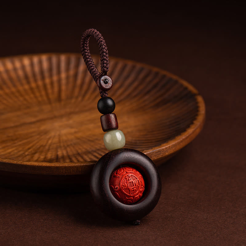 Tibet Om Mani Padme Hum PiXiu Copper Coin Small Leaf Red Sandalwood Cinnabar Protection Key Chain