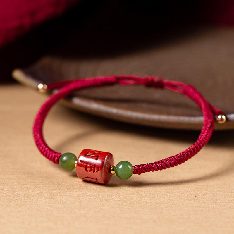 Tibetan Cinnabar Om Mani Padme Hum Engraved Blessing Braided Rope Bracelet
