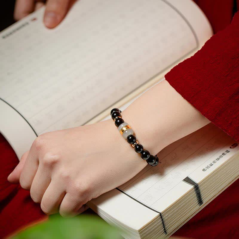 Black Obsidian Jade Om Mani Padme Hum Strength Couple Magnetic Bracelet