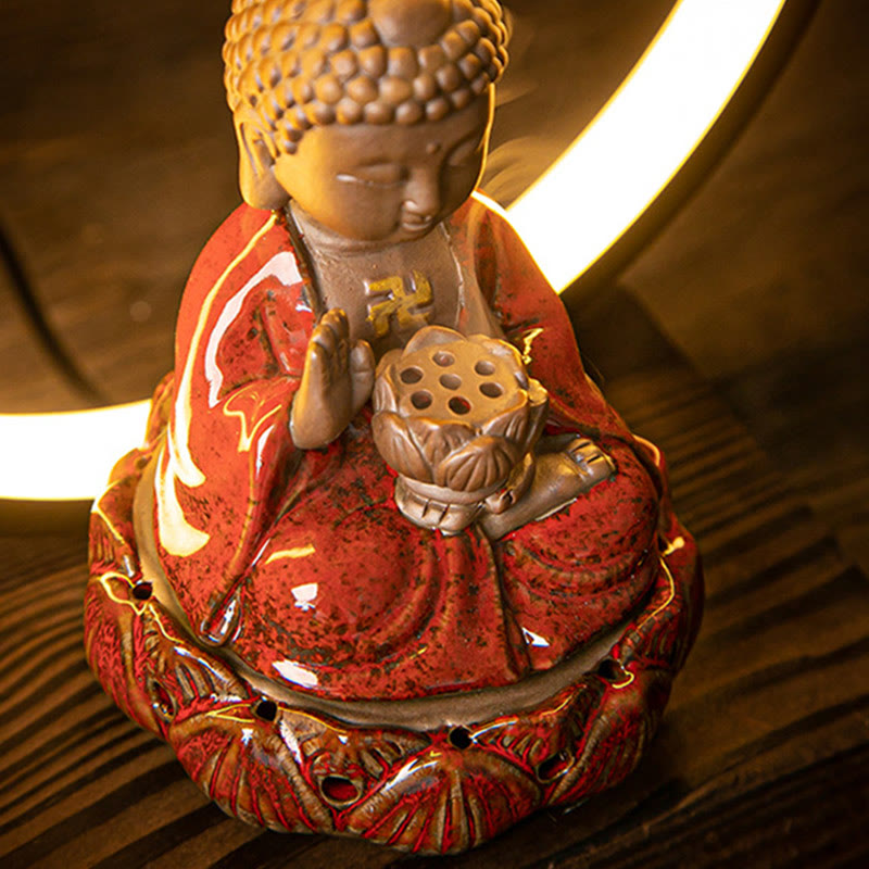Buddha Lotus Backflow Smoke Fountain Ceramic Blessing Incense Burner With Light Decoration