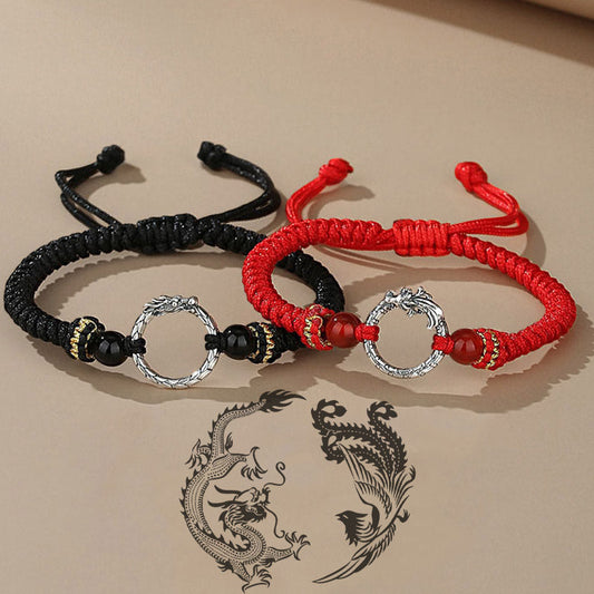 Handmade 925 Sterling Silver Year of the Dragon Phoenix Peace Buckle Luck Couple Bracelet
