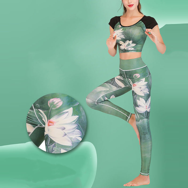 2Pcs Lotus Phoenix Spring Flowers Peacock Print Top Pants Sports Fitness Yoga Women's Yoga Sets