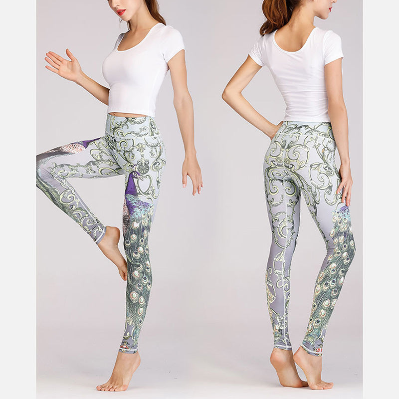 2Pcs Lotus Phoenix Spring Flowers Peacock Print Top Pants Sports Fitness Yoga Women's Yoga Sets