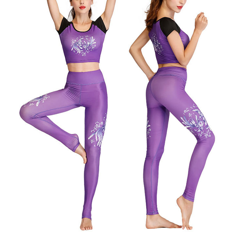 2Pcs Lotus Phoenix Spring Flowers Peacock Print Top Pants Sports Fitness Yoga Women's Yoga Sets