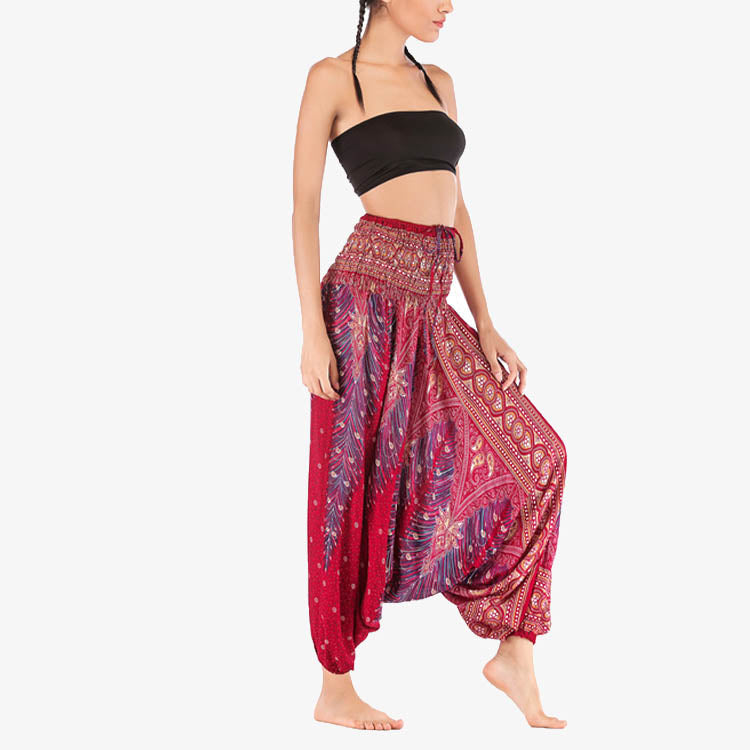 Two Style Wear Feathers Geometric Pattern Loose Smocked Trousers Jumpsuit Women's Yoga Pants