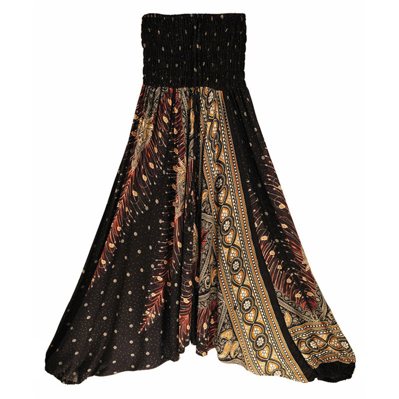 Two Style Wear Feathers Geometric Pattern Loose Smocked Trousers Jumpsuit Women's Yoga Pants