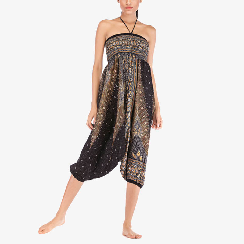 Two Style Wear Feathers Geometric Pattern Loose Smocked Trousers Jumpsuit Women's Yoga Pants