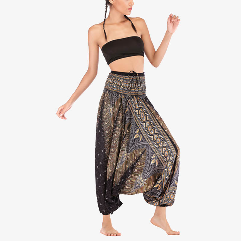 Two Style Wear Feathers Geometric Pattern Loose Smocked Trousers Jumpsuit Women's Yoga Pants