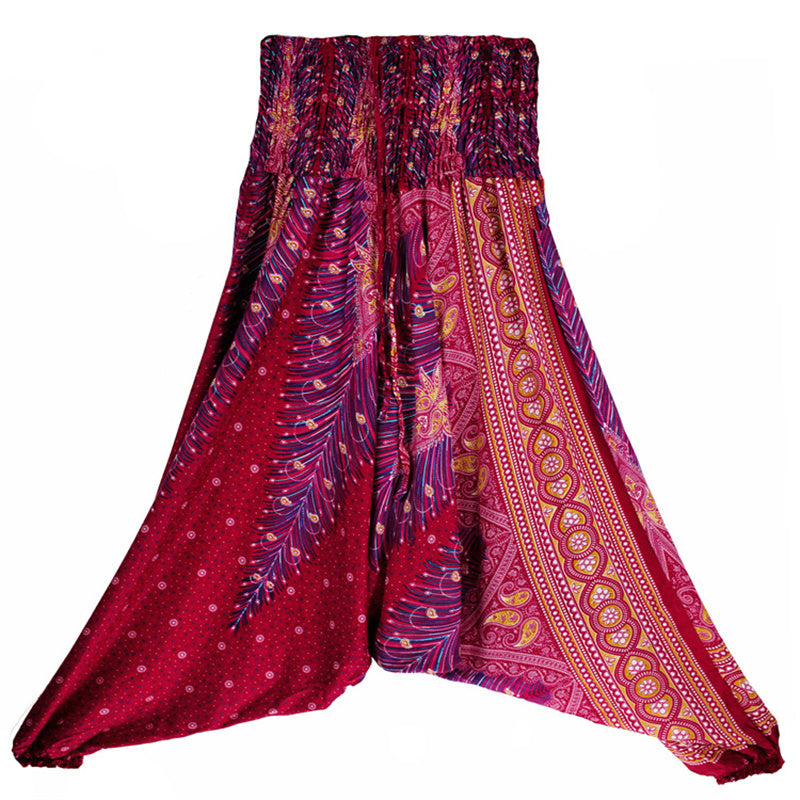 Two Style Wear Feathers Geometric Pattern Loose Smocked Trousers Jumpsuit Women's Yoga Pants