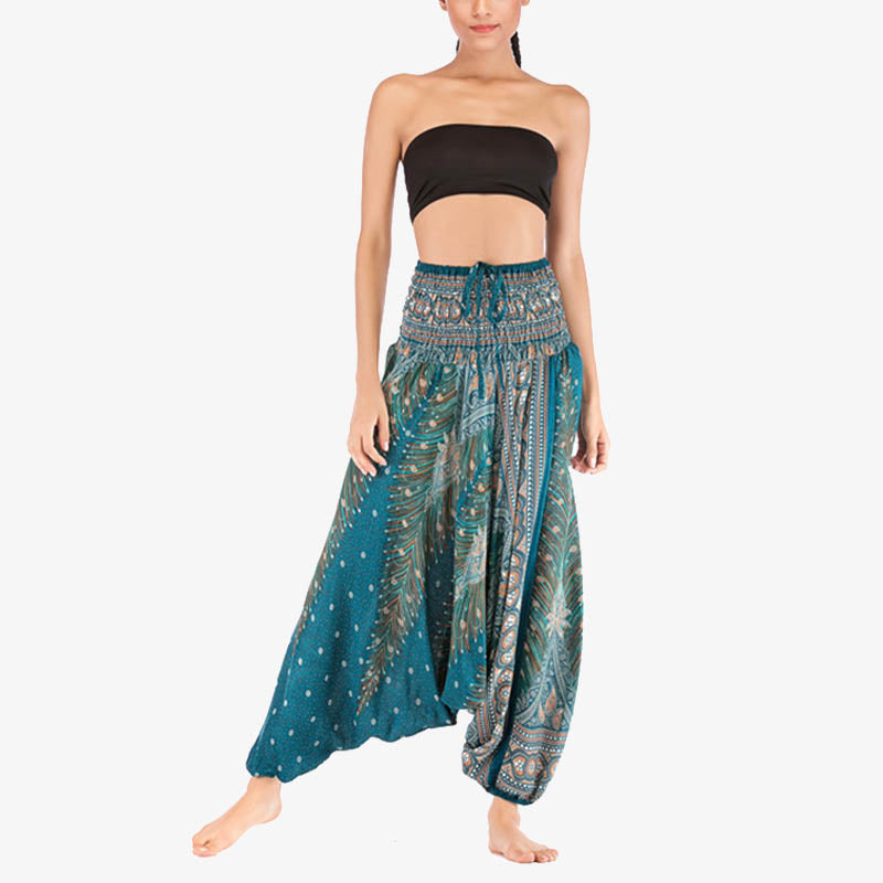 Two Style Wear Feathers Geometric Pattern Loose Smocked Trousers Jumpsuit Women's Yoga Pants