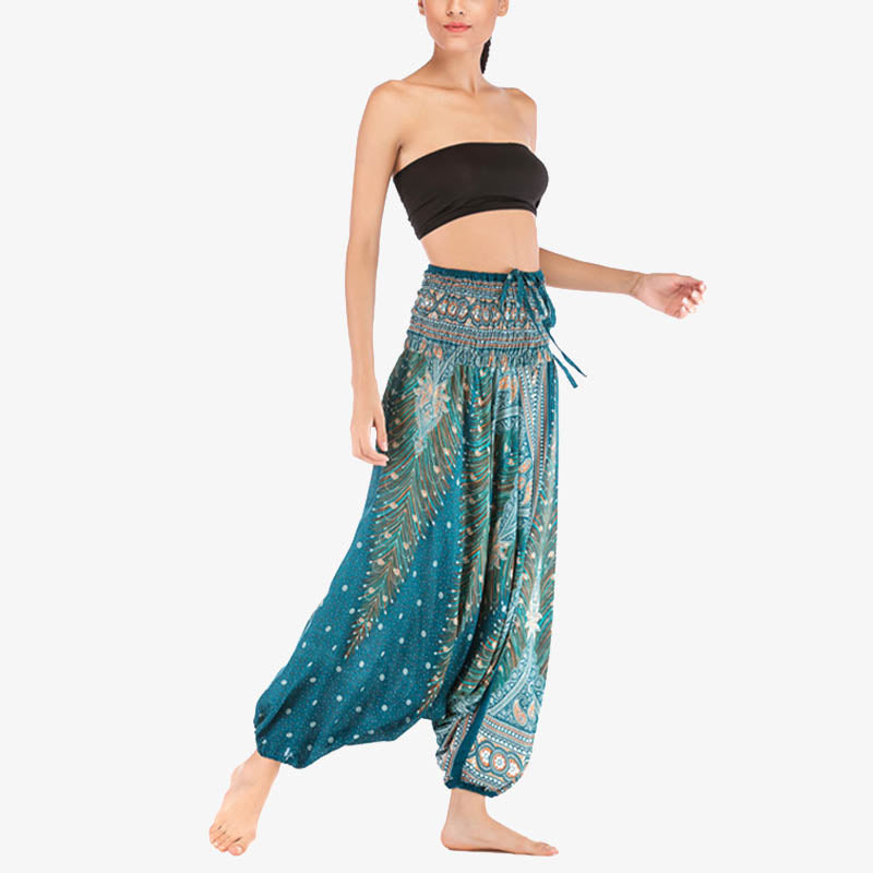 Two Style Wear Feathers Geometric Pattern Loose Smocked Trousers Jumpsuit Women's Yoga Pants