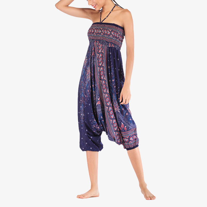 Two Style Wear Feathers Geometric Pattern Loose Smocked Trousers Jumpsuit Women's Yoga Pants
