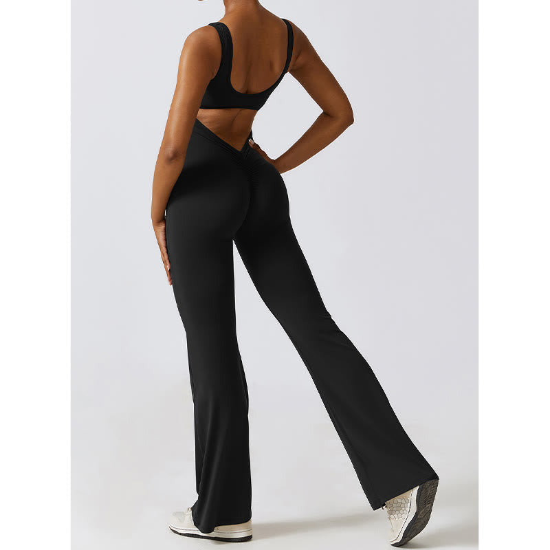 Women Workout Sleeveless Jumpsuit Flare Pants Sports Fitness Yoga Bodysuit