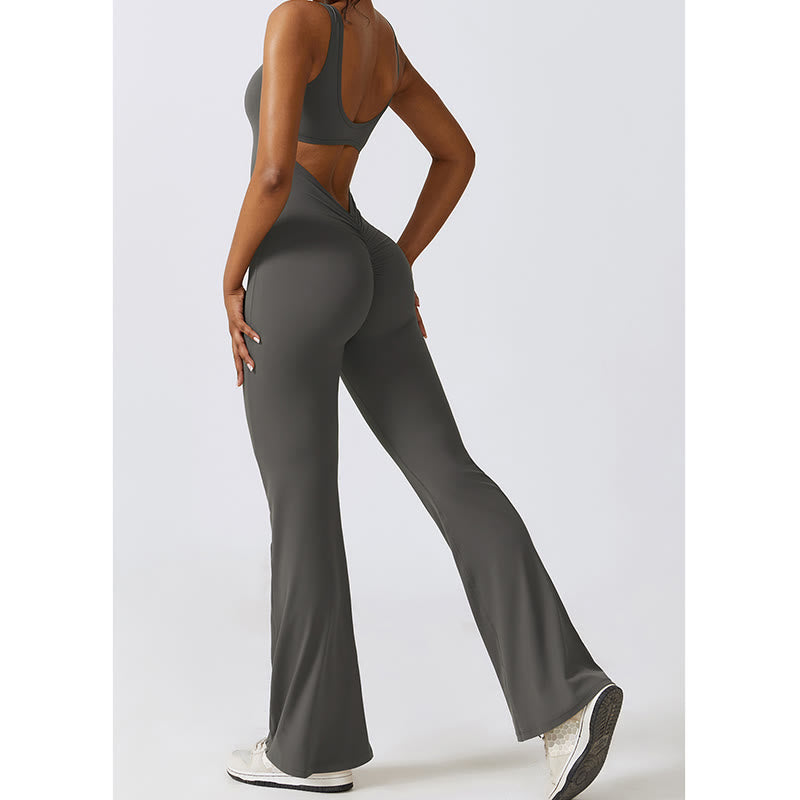Women Workout Sleeveless Jumpsuit Flare Pants Sports Fitness Yoga Bodysuit