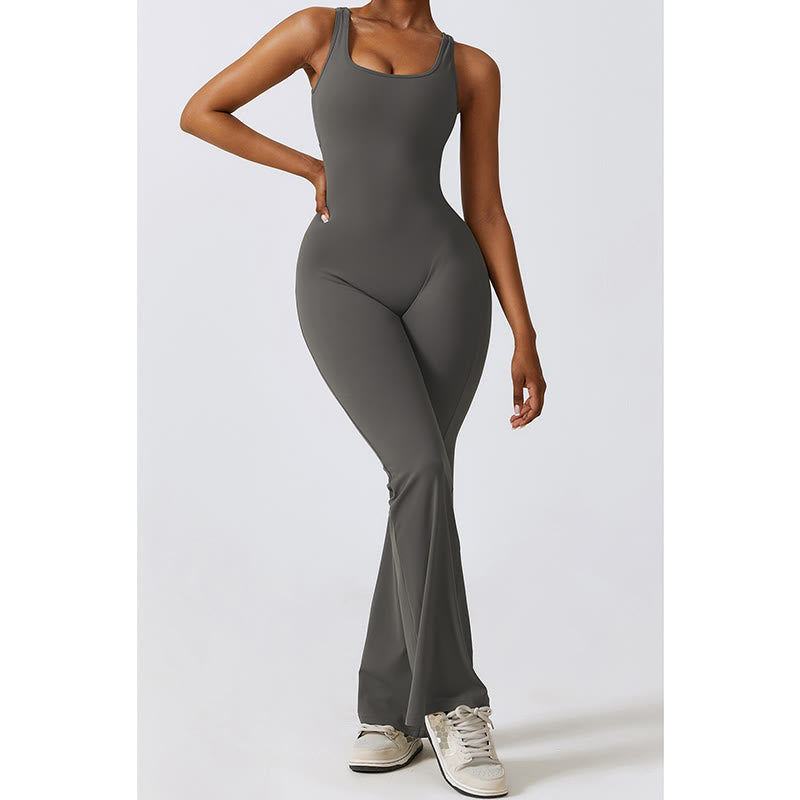 Women Workout Sleeveless Jumpsuit Flare Pants Sports Fitness Yoga Bodysuit