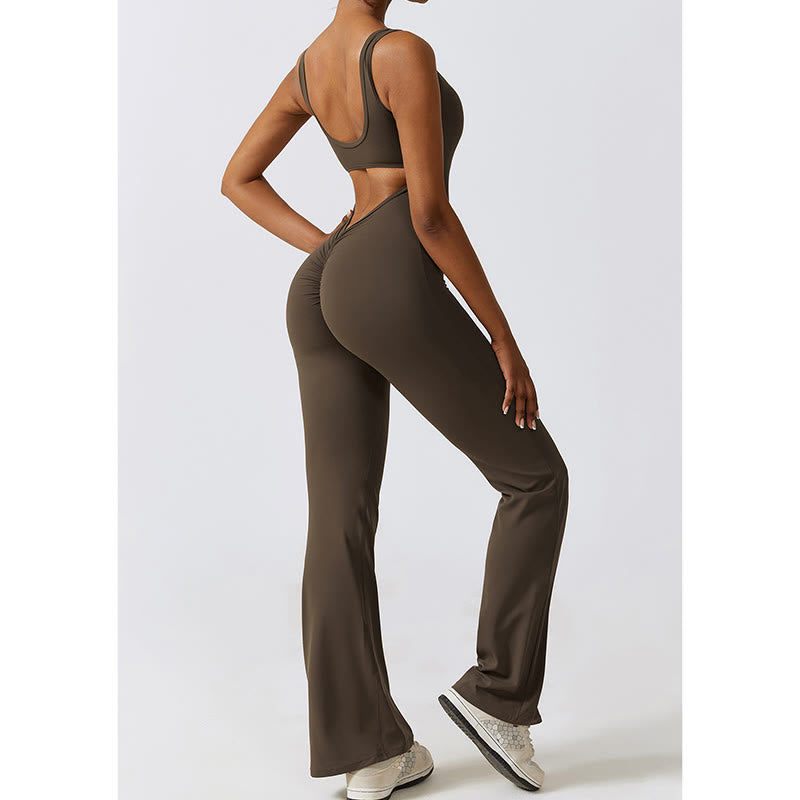 Women Workout Sleeveless Jumpsuit Flare Pants Sports Fitness Yoga Bodysuit