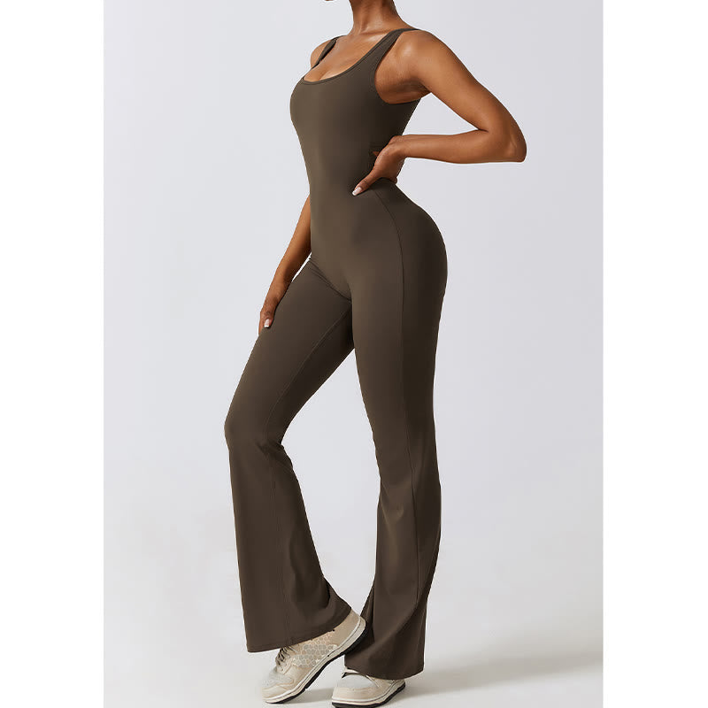 Women Workout Sleeveless Jumpsuit Flare Pants Sports Fitness Yoga Bodysuit