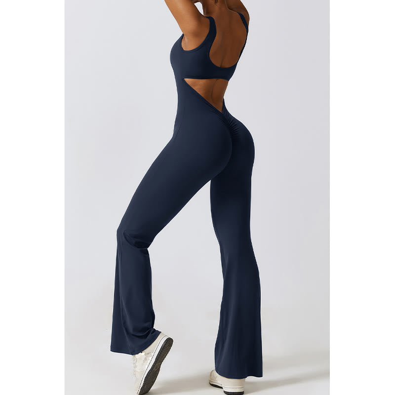 Women Workout Sleeveless Jumpsuit Flare Pants Sports Fitness Yoga Bodysuit