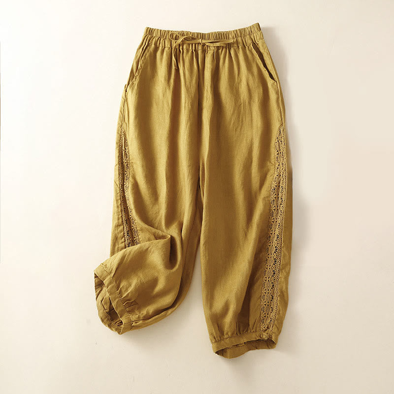 Solid Color Flower Loose Drawstring Harem Pants With Pockets