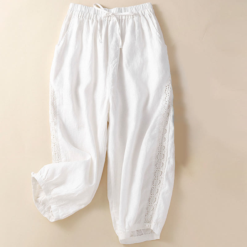 Solid Color Flower Loose Drawstring Harem Pants With Pockets