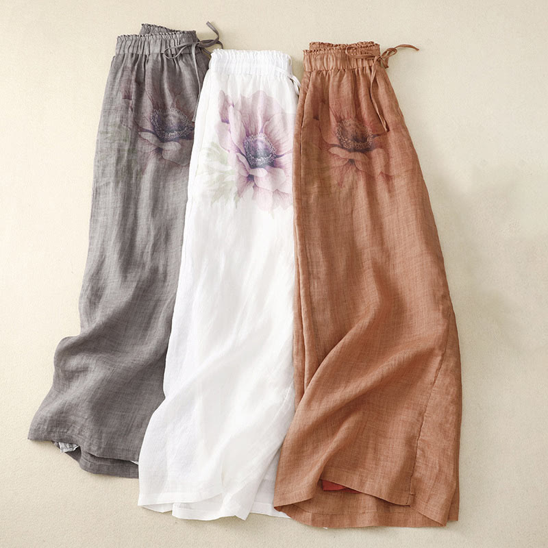 Floral Print High Waist Cotton Linen Drawstring Wide Leg Pants With Pockets