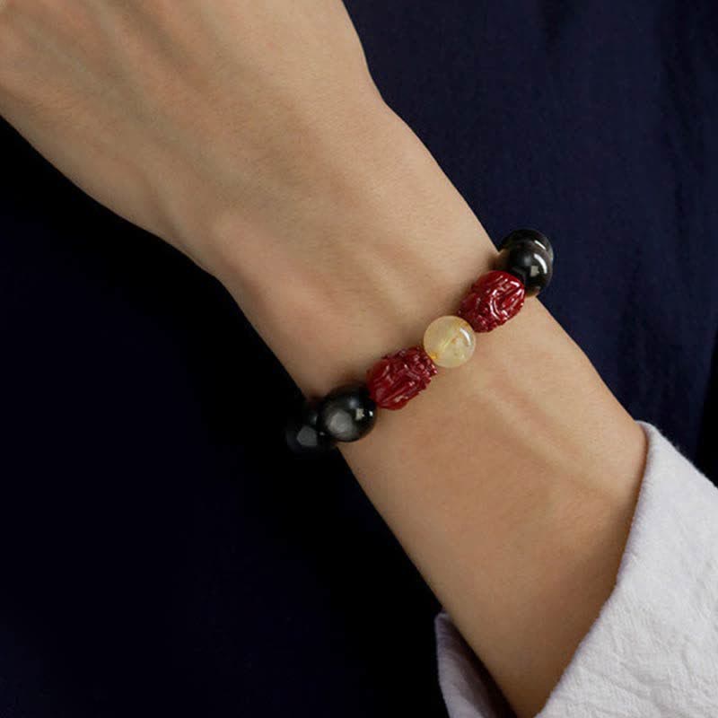 Gold Sheen Obsidian PiXiu Cinnabar Om Mani Padme Hum Protection Bracelet