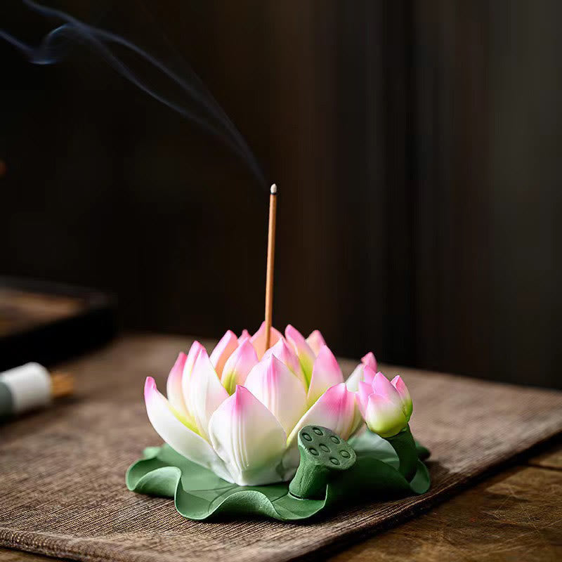 Lotus Flower Leaf Pod Spiritual Ceramic Stick Incense Burner Decoration