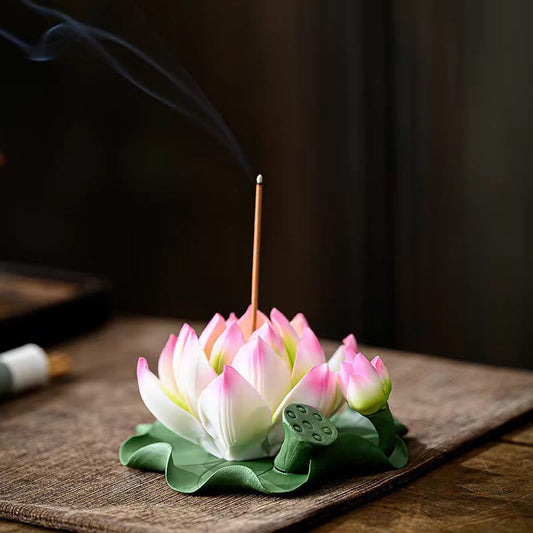 Lotus Flower Leaf Pod Spiritual Ceramic Stick Incense Burner Decoration