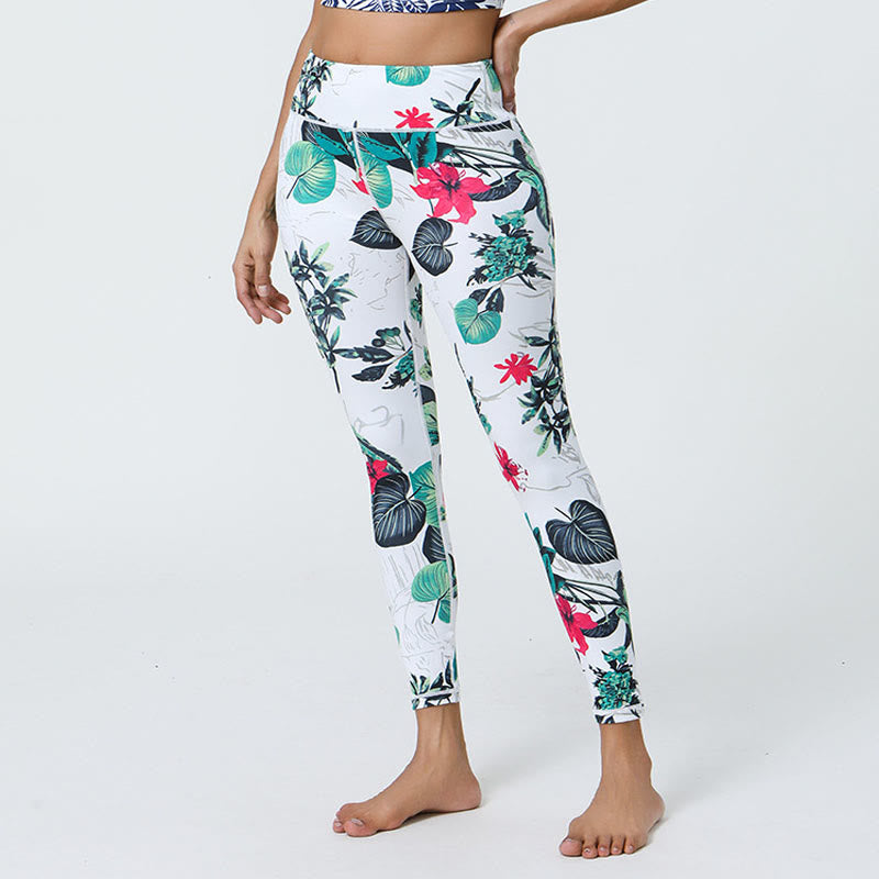 Flowers Leaves Dandelions Pineapples Print Sports Fitness High Waist Leggings Women's Yoga Pants