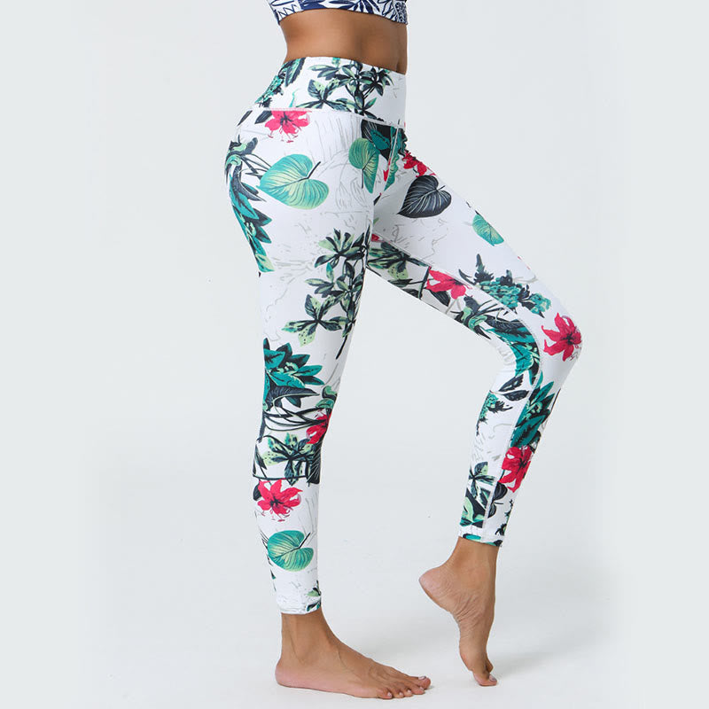 Flowers Leaves Dandelions Pineapples Print Sports Fitness High Waist Leggings Women's Yoga Pants