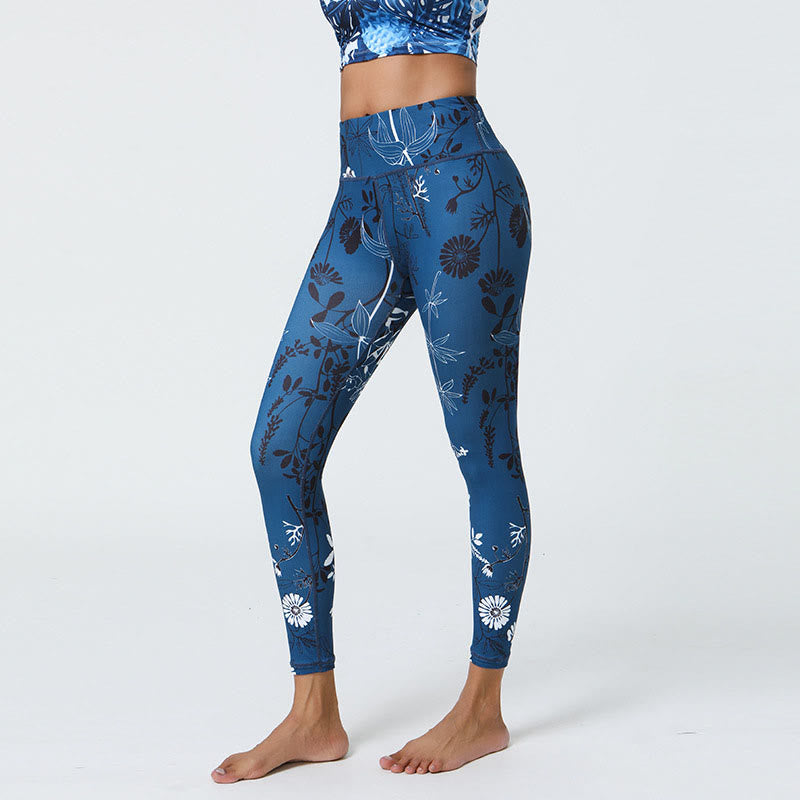 Flowers Leaves Dandelions Pineapples Print Sports Fitness High Waist Leggings Women's Yoga Pants