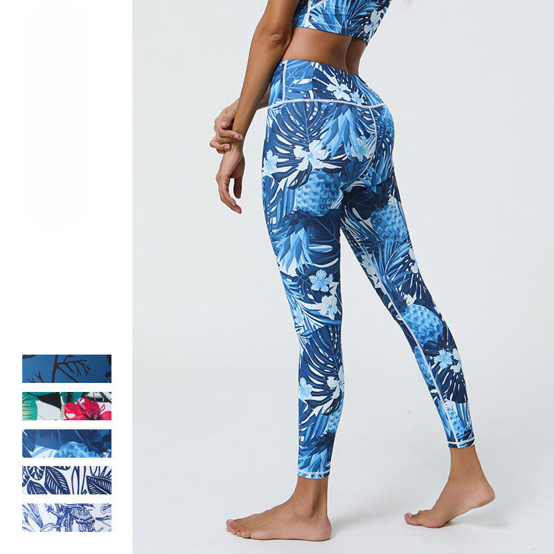 Flowers Leaves Dandelions Pineapples Print Sports Fitness High Waist Leggings Women's Yoga Pants