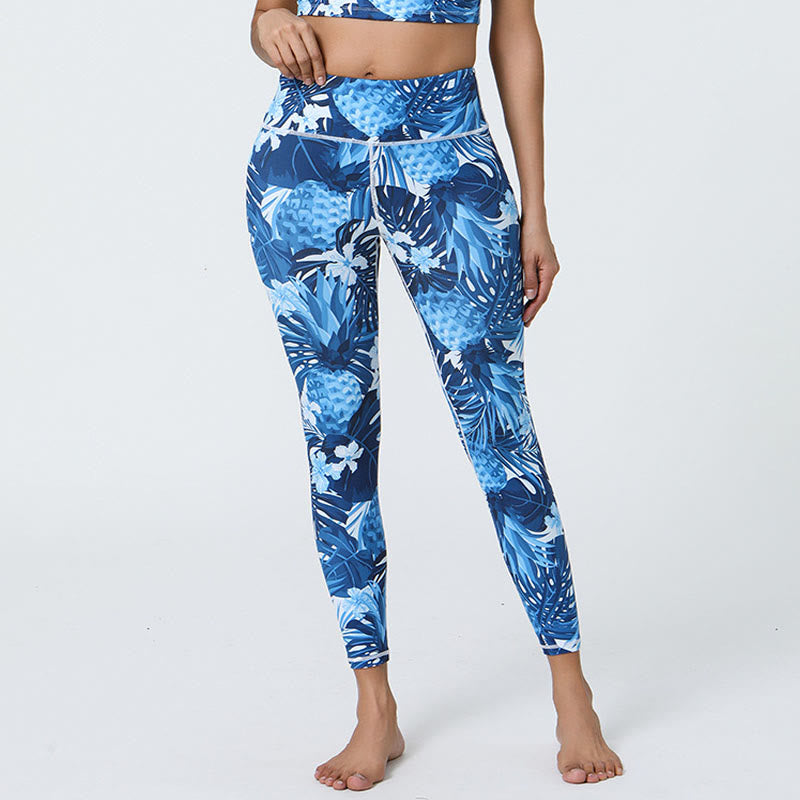 Flowers Leaves Dandelions Pineapples Print Sports Fitness High Waist Leggings Women's Yoga Pants