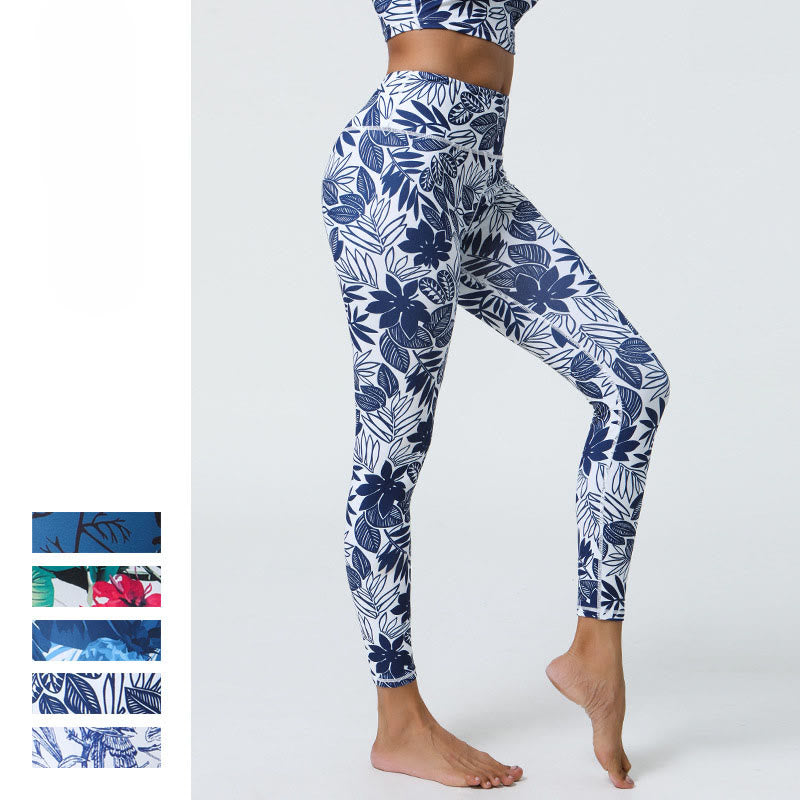 Flowers Leaves Dandelions Pineapples Print Sports Fitness High Waist Leggings Women's Yoga Pants