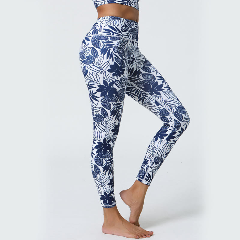 Flowers Leaves Dandelions Pineapples Print Sports Fitness High Waist Leggings Women's Yoga Pants