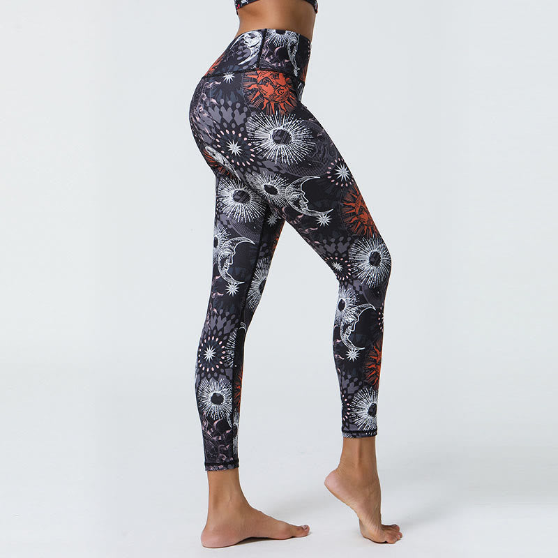 Flowers Feathers Sun Moon Print Sports Fitness Yoga High Waist Leggings Women's Pants