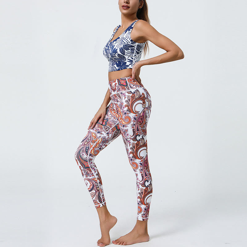Flowers Feathers Sun Moon Print Sports Fitness Yoga High Waist Leggings Women's Pants