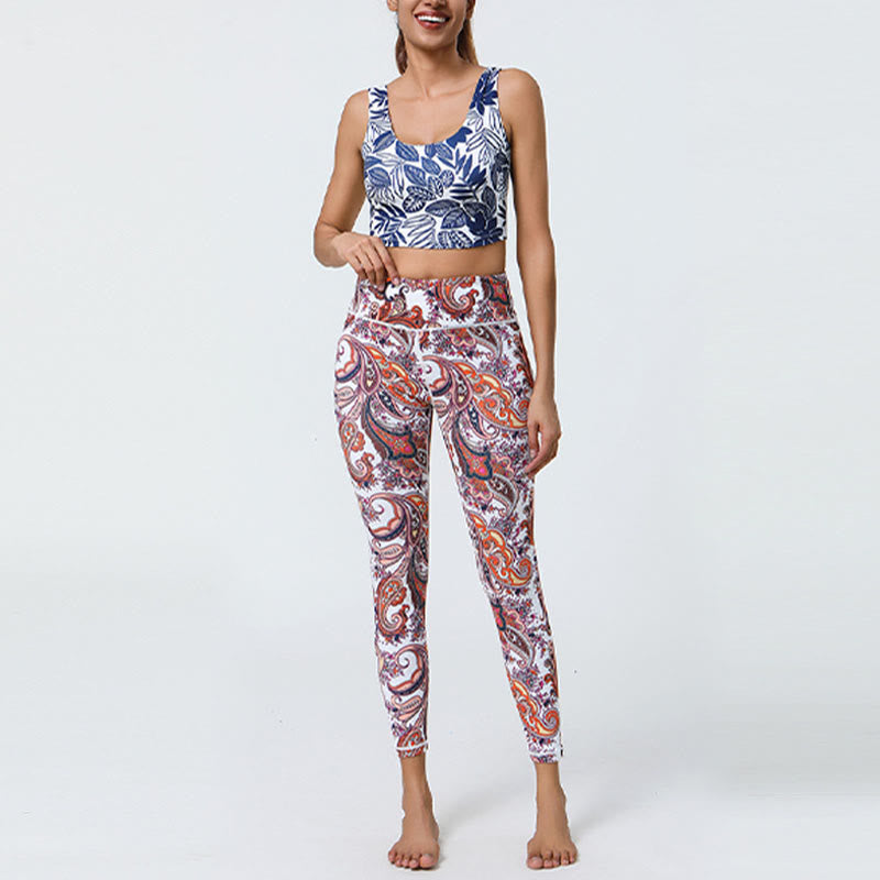 Flowers Feathers Sun Moon Print Sports Fitness Yoga High Waist Leggings Women's Pants