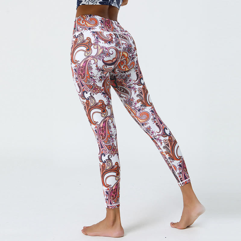 Flowers Feathers Sun Moon Print Sports Fitness Yoga High Waist Leggings Women's Pants