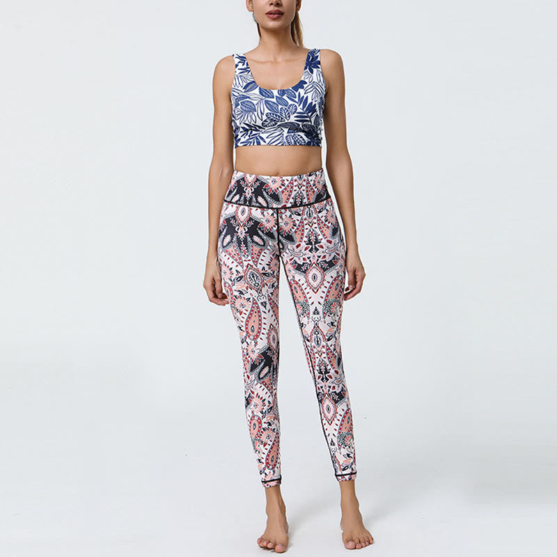 Flowers Feathers Sun Moon Print Sports Fitness Yoga High Waist Leggings Women's Pants