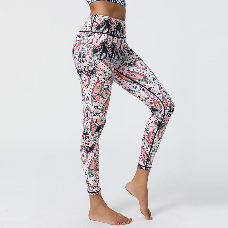 Flowers Feathers Sun Moon Print Sports Fitness Yoga High Waist Leggings Women's Pants