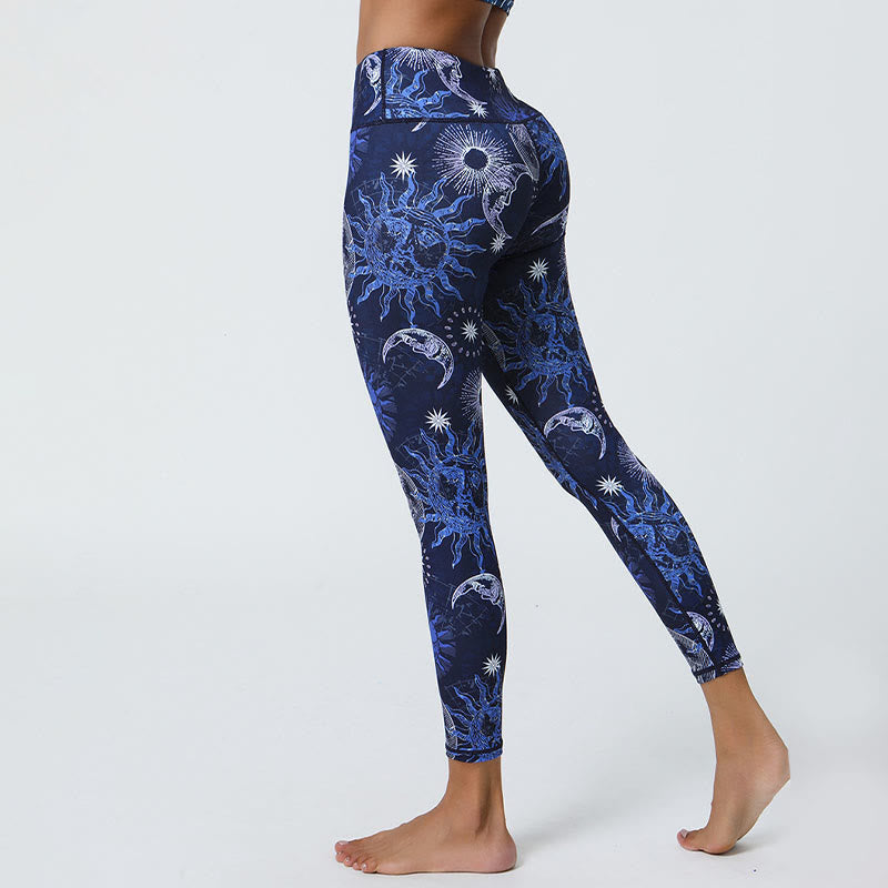 Flowers Feathers Sun Moon Print Sports Fitness Yoga High Waist Leggings Women's Pants