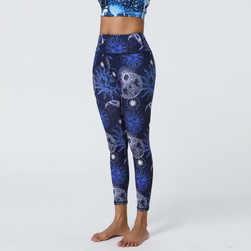 Flowers Feathers Sun Moon Print Sports Fitness Yoga High Waist Leggings Women's Pants